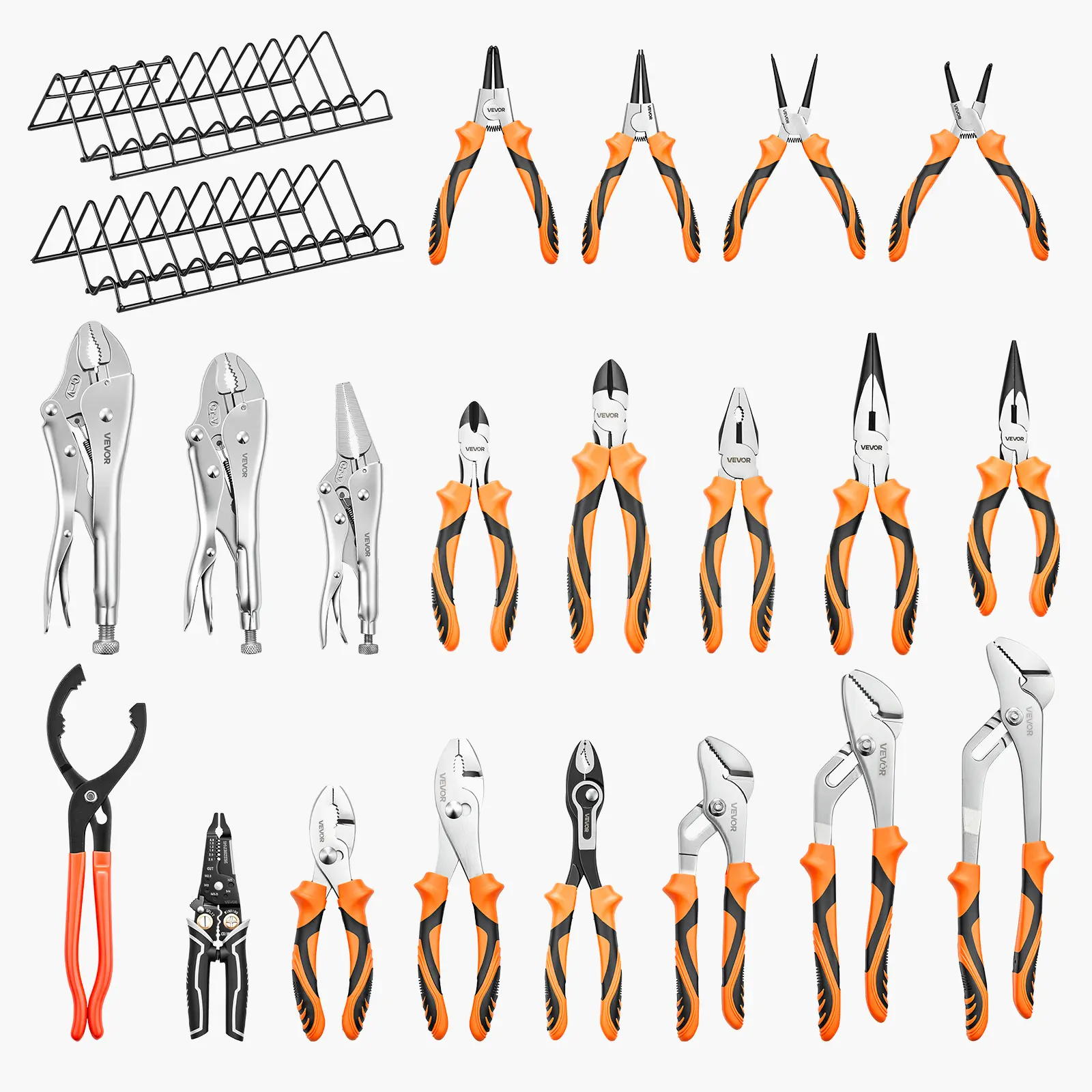 VEVOR Pliers Set 20-Piece Utility Set Polished Carbon Steel Jaw Hand Tools, For DIY & Home Use, Long Nose, Locking, Diagonal, Groove Joint, Snap Ring, Slip Joint Pliers, with 2-Pack Organizer Rack