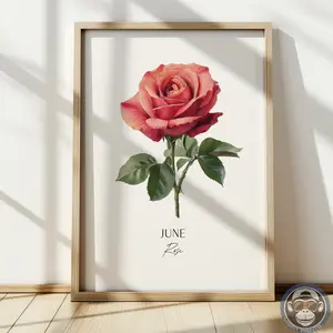 June Birth Flower Rose Art Print – Vintage Botanical Wall Art Birthday Gift