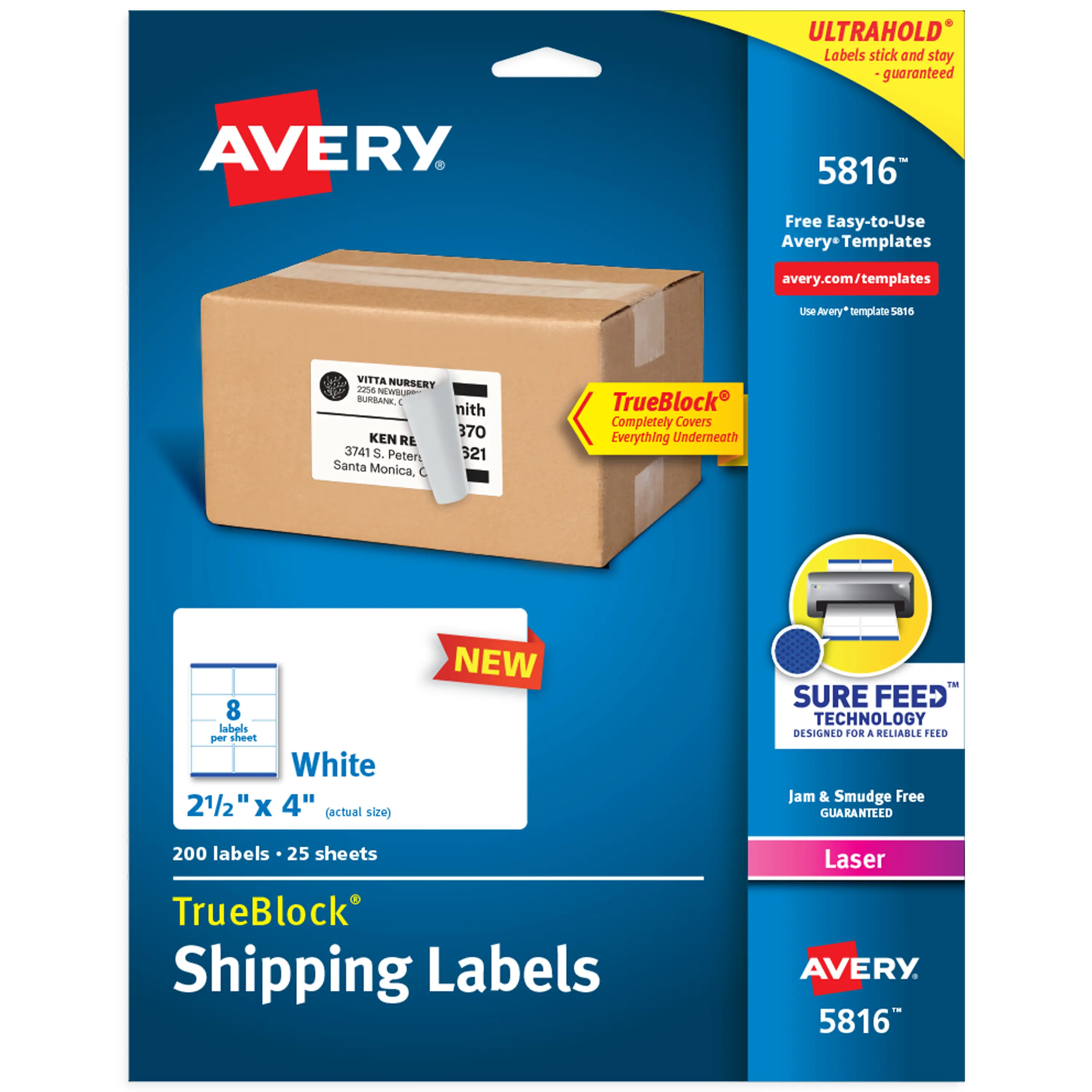 Avery Printable Blank Shipping Labels, 2.5" x 4", White, 200 Labels, Laser Printer, Permanent Adhesive (5816)