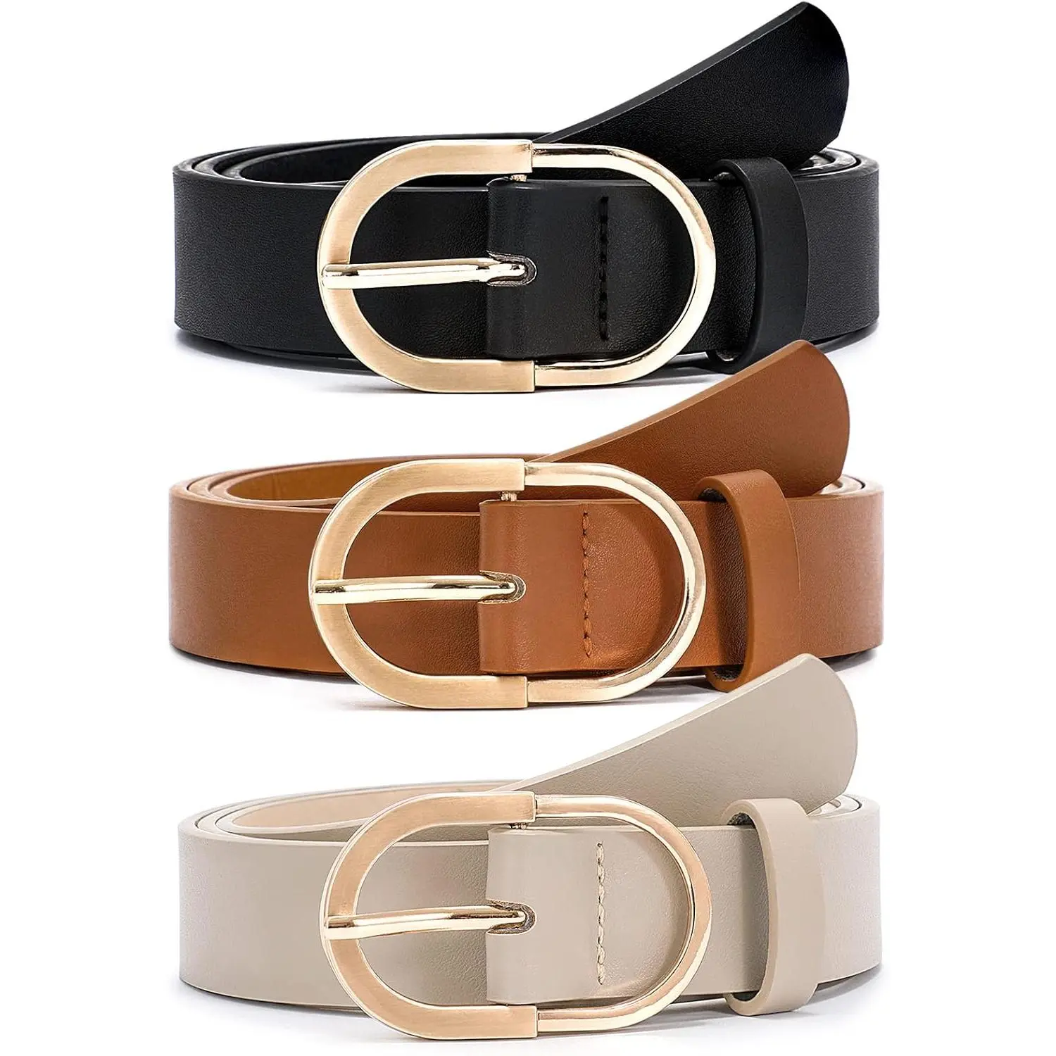 Women's 3-Pack PU Leather Waist Belts, Casual Female Fashion Belt for Jeans & Dresses with Gold Buckle, Black, Brown, Coffee, L (47"), Casual Belt, Versatile Fashion Belt