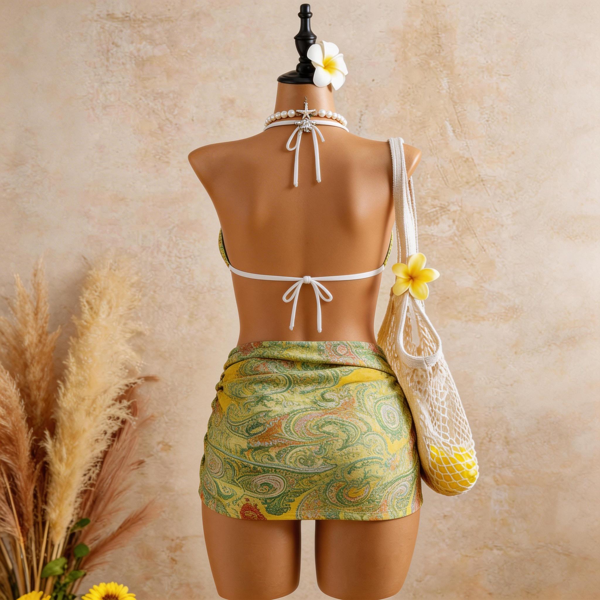 Floral Bikini Set with Sarong for Women – Triangle Two Piece Swimsuit with Wrap Skirt Cover Up, Sexy Beachwear, Summer Vacation Outfit egg yellow