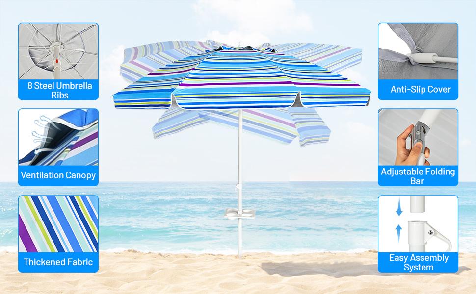 COSTWAY 6.5/7.2 FT Beach Umbrella, Portable Outdoor Umbrella with Sand Anchor, Adjustable Tilt, Steel Pole, Carrying Bag, Outdoor Sunshade Shelter with Cup Holder for Beach, Poolside