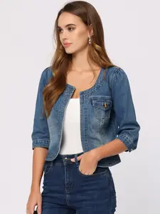 INSPIRE CHIC Denim Jacket Collarless Casual Cotton Cardigan Chest Pockets 3/4 Sleeve Crop Jean Jackets