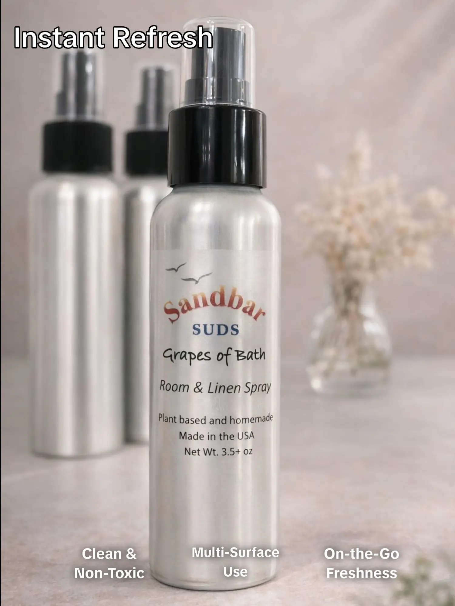 Sandbar SUDS Natural Room & Linen Spray - 3.5oz | Instant Home Fragrance & Fabric Refresher | Non-Toxic Deodorizer for Bedding, Curtains & Car | Handcrafted in USA | Phthalate-Free & Safe