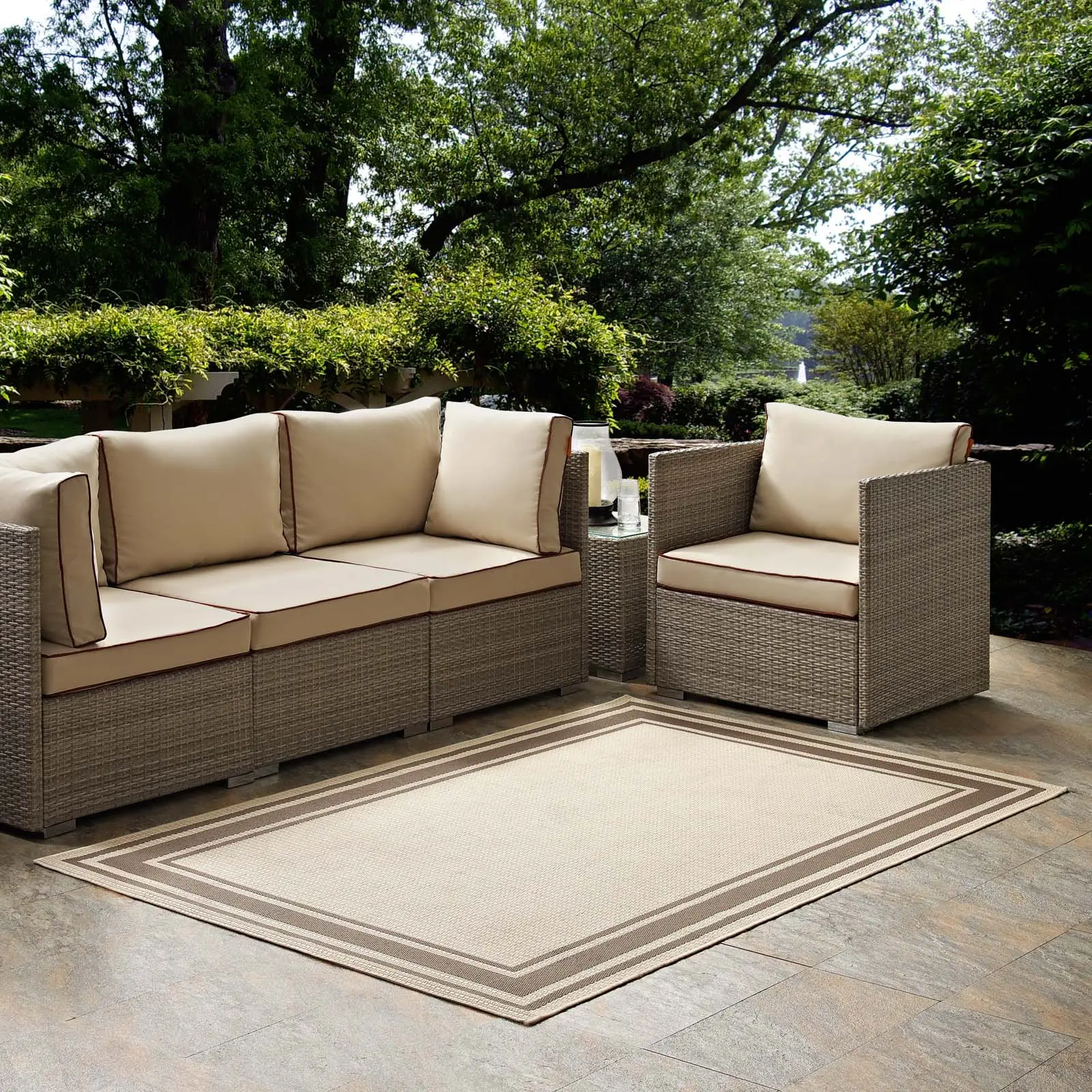Modway Rim Solid Border 5x8 Indoor and Outdoor Area Rug in Light and Dark Beige
