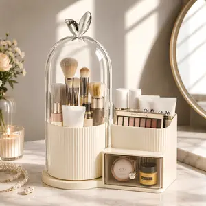 Dustproof Rotating Makeup Brush Organizer with Lid - 360° Vanity Storage Box