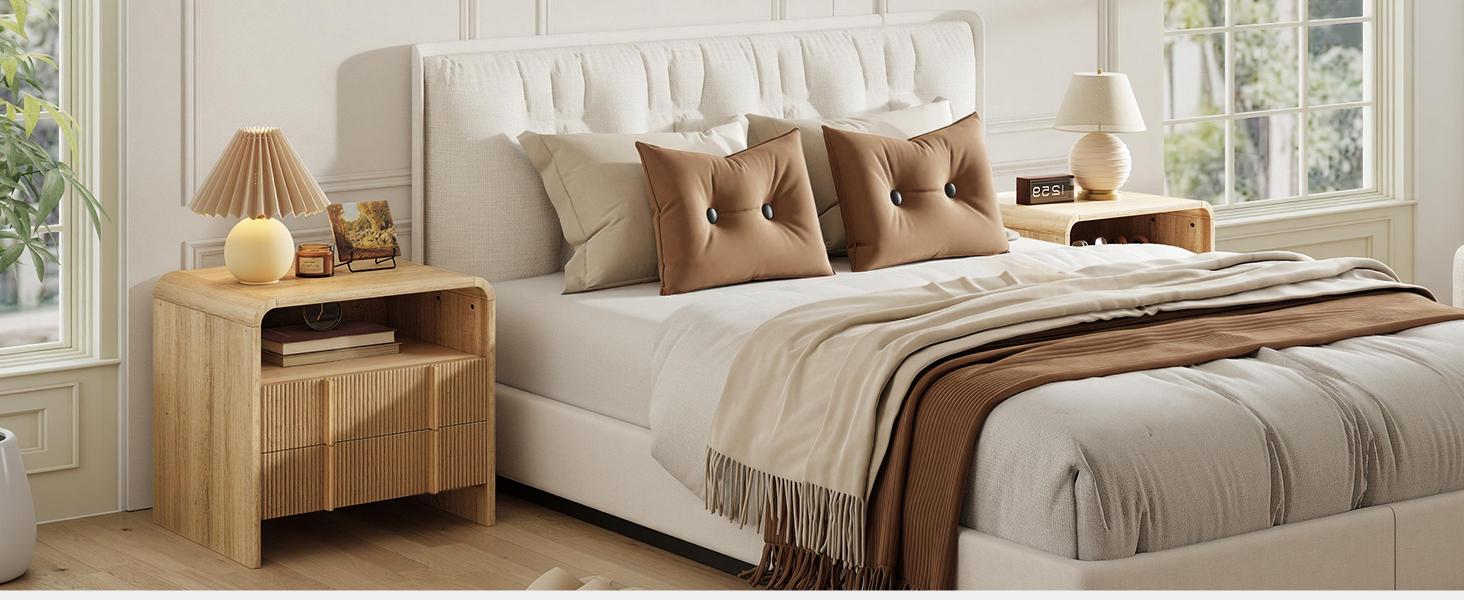 AMERLIFE 2 Different Style Modern Night Stand with Storage Drawer & Open Shelves, Small Nightstand & Bedside Table with Open Shelf, Curved Profile Design & Pine Handles, Wood End Table for Bedroom, Living Room,