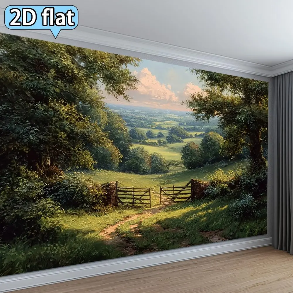 New 2D Flat Polyester HD Print Pastoral Decorative Festive Backdrops & Banners - Scenic Botanical Valley Landscape Photography Cloth with Lush Trees, Dirt Path, Wooden Gate, Soft, Lightweight, Foldable, Machine Washable Photo Studio Background