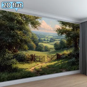 New 2D Flat Polyester Fabric Photography Backdrop Banner - HD Digitally Printed Scenic Botanical Valley Landscape Cloth with Lush Trees, Dirt Path, Wooden Gate, Soft, Lightweight, Foldable, Machine Washable Photo Studio Background