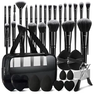 Black Makeup Brush Set 37Pcs, Multi-functional Makeup Tool Set, 25Pcs Premium Brushes with Hanging Washbag, Eyelash Curler, Makeup Puffs, Beauty Sponges, Professional Make up Brushes Kit Summer Face Makeup Kit for Women(Black, 37 Piece Set)