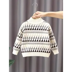 Boys' Casual Crew Neck Pullover Sweater - Geometric Pattern Knit Fabric, Polyester Blend with Medium Stretch, Fall/Winter Collection for Kids Over 3 Years - 2025 New Arrival