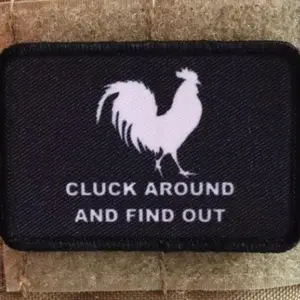 cluck around and find out funny meme chickens 2"x3" morale patch with hook and loop backing