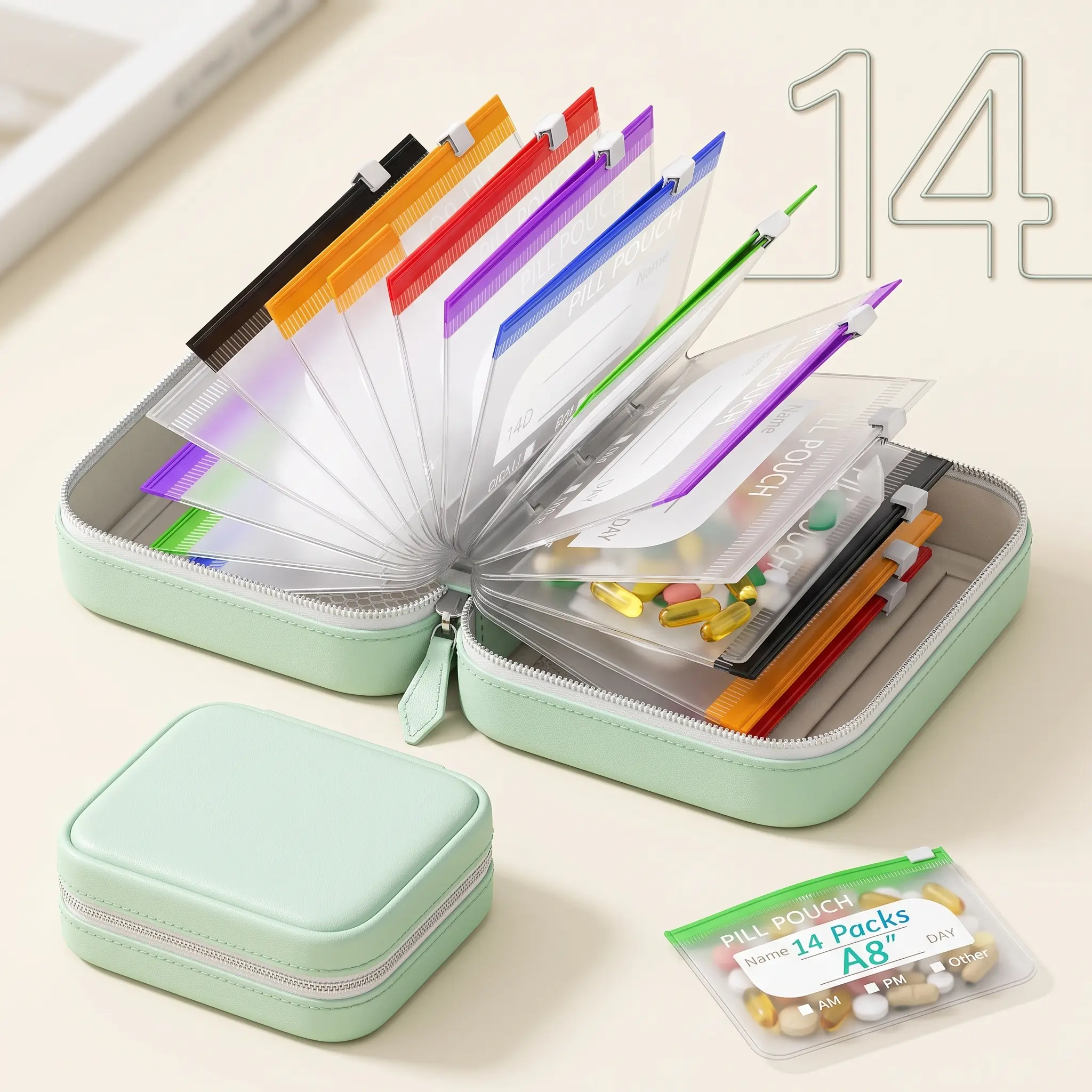 Waterproof Pill Pouch Set, Large Weekly Pill Organizer with 14 Color-Coded Medicine Pouches, Reusable Travel Medicine Organizer, Zippered Pill Storage for Fish Oils, Vitamins, dealsforyou，A gift for an elder