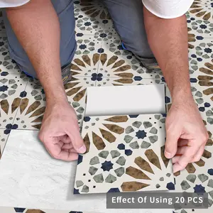 Self-Adhesive Vinyl Floor Tiles, 10pcs 20x20cm Blue Mix, Islamic Floral Style, Easy Install & Remove, Ideal for Bathroom Kitchen Bedroom