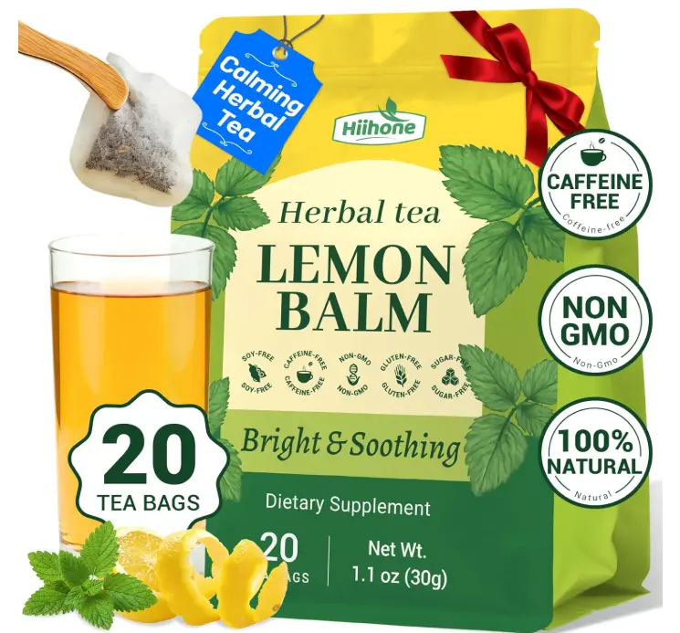 Hiihone Lemon Balm Tea Bags 20 Count – Pure & Natural Lemon Balm Tea, Caffeine-Free Herbal Tea, Calming & Soothing, Non-GMO, Fresh Citrusy Flavor