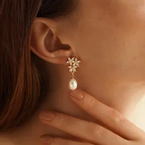 Dainty Pearl Diamond Drop Earrings – Freshwater Pearl & Flower Gemstone Bridal Jewelry