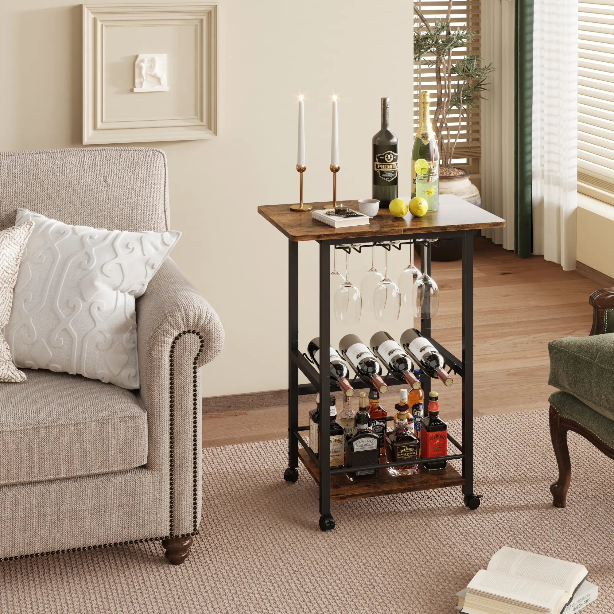 Rolling Bar Cart with Wine Rack and Glass Holder - Stylish Serving Cart for Home, Multifunctional Microwave Stand, and Mobile Kitchen Shelf - Convenie