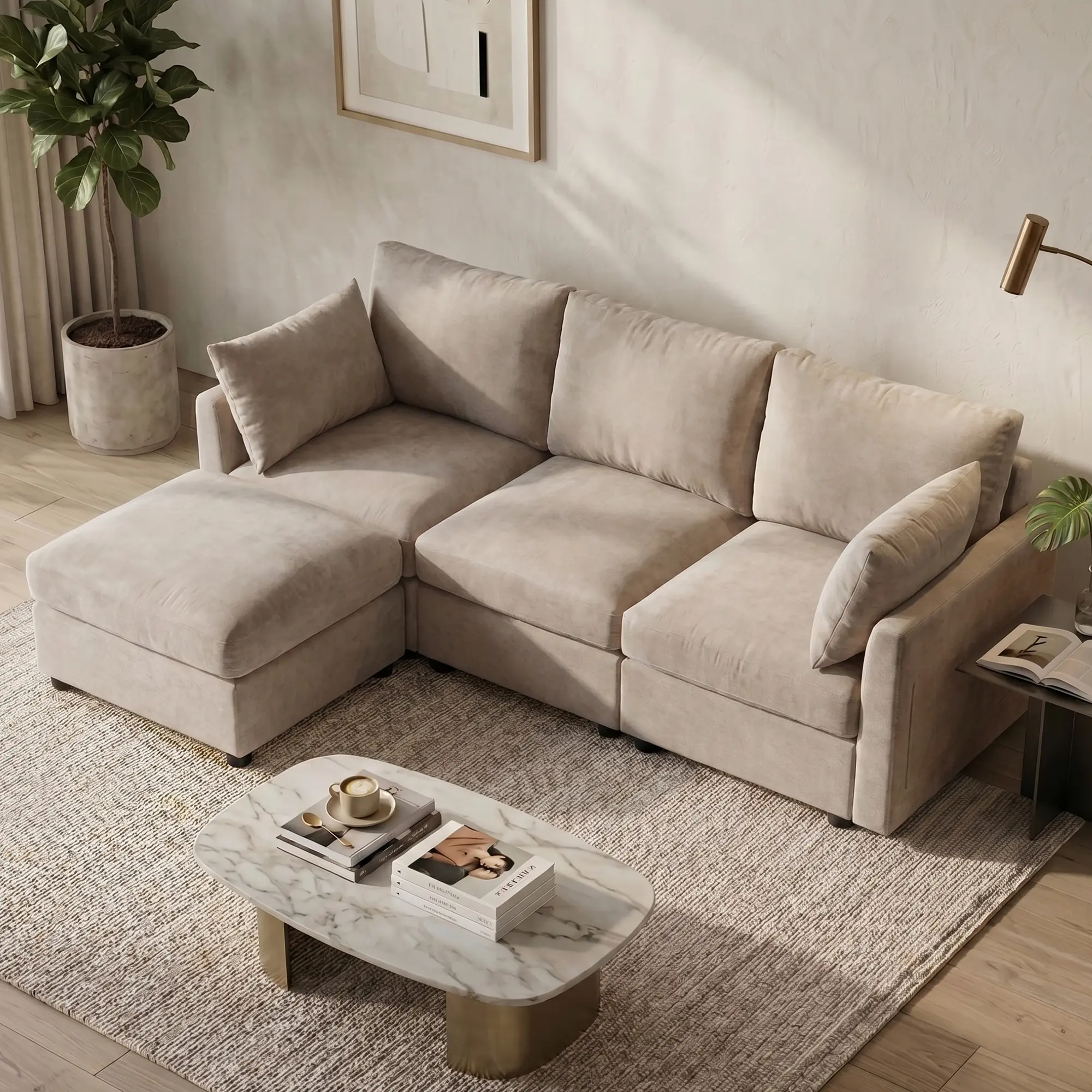 【2 Packages Shipping】 Tbfit Modular L-Shaped Cloud Sofa Set - Chenille Sectional Couch with Ottoman, Pocket Spring Cushions, Reconfigurable Layout, Pill-Resist Fabric, Beige Modern Deep Seat Living Room Furniture, Tiktokshopstockup