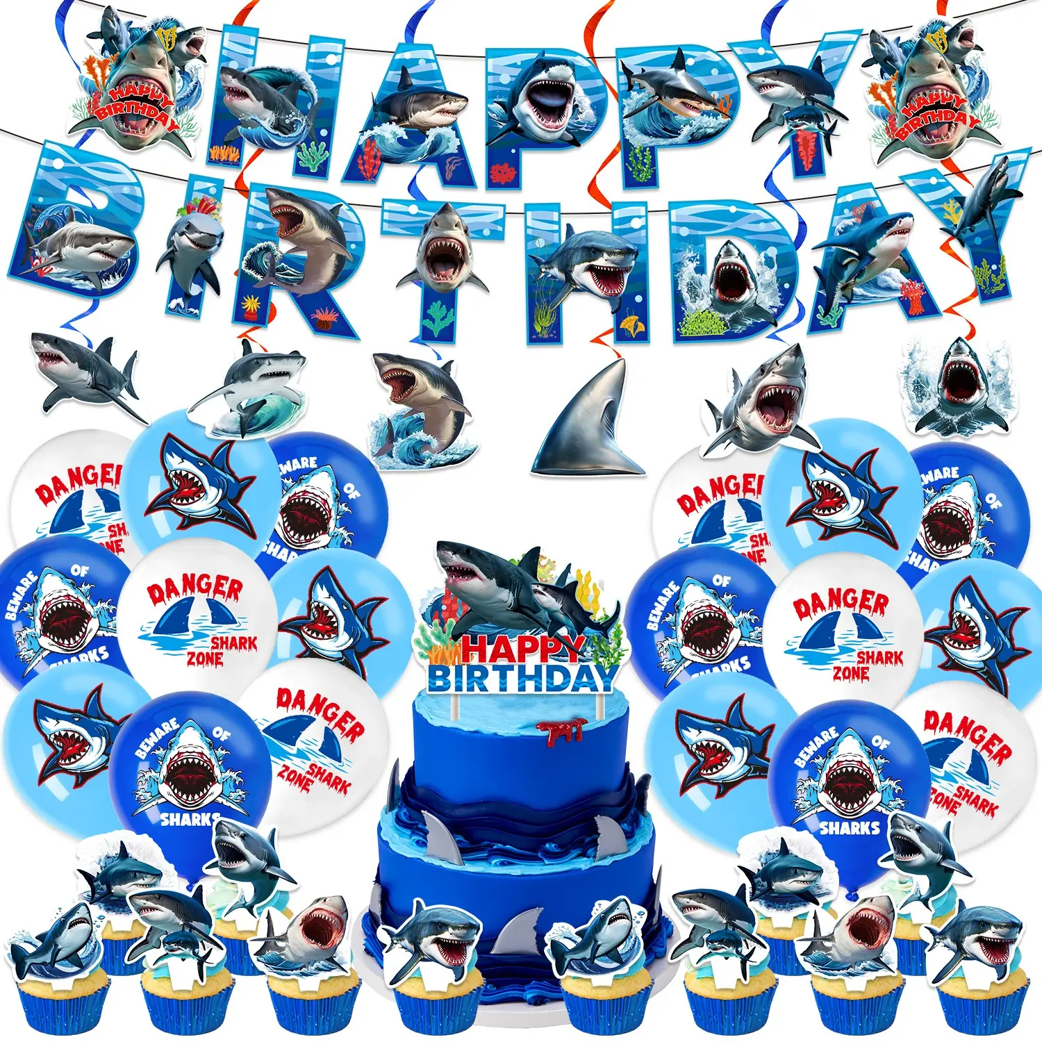 38-Piece Shark Theme Birthday Party Decoration Set, Party Pack, Includes Shark Banner, Spiral Hanging Decorations, Cake Topper, Balloons, Perfect for Shark-Themed Parties, Birthday Party Kit