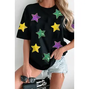Sequin Stars Patched Round Neck T-Shirt