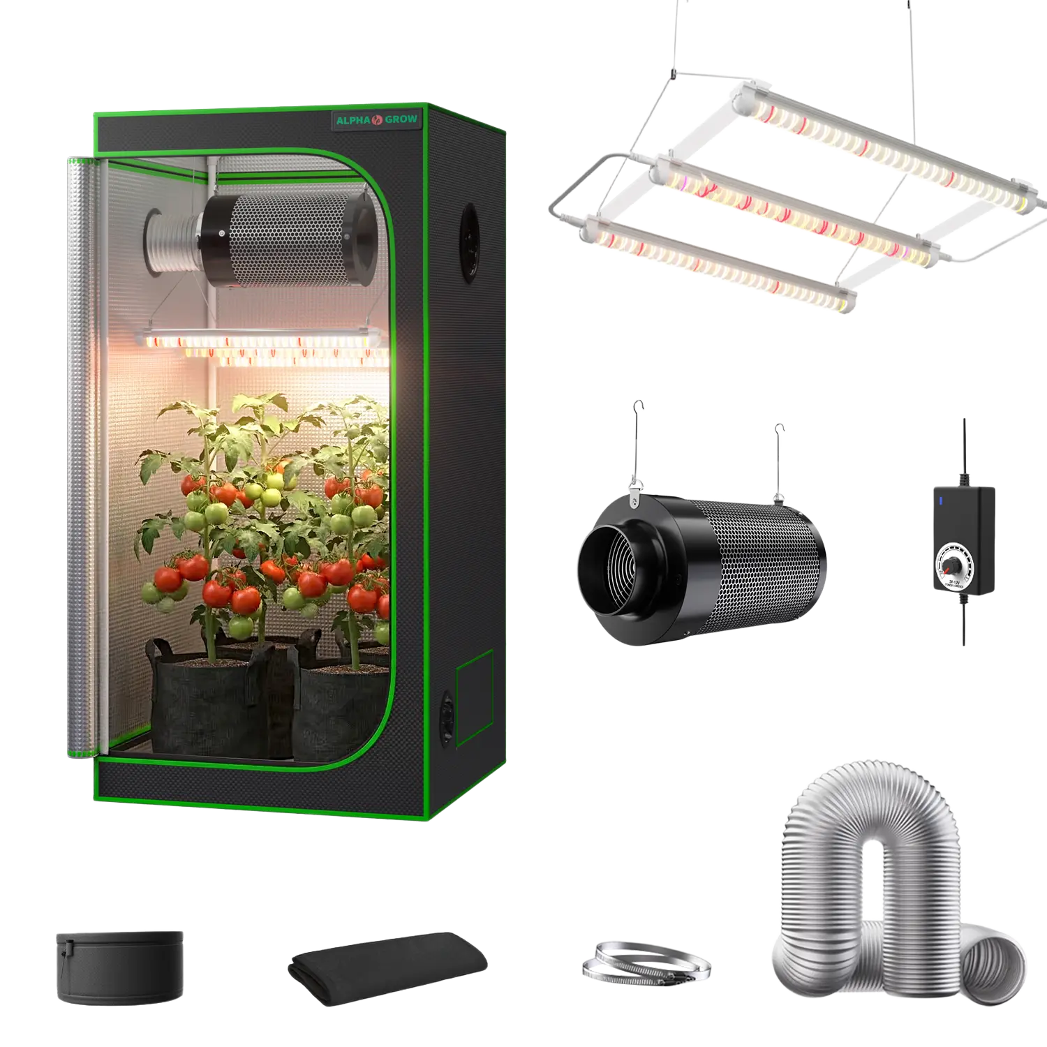 ALPHAGROW Indoor Mylar Grow Tent Kit with 33W ABA Full Spectrum LED Grow Light, 4-in Zippered 2-in-1 Carbon Filter Fan, 8FT Black/Silver Ducting, Waterproof Adjustable Metal D-Door/Double-Door Greenhouse Kit