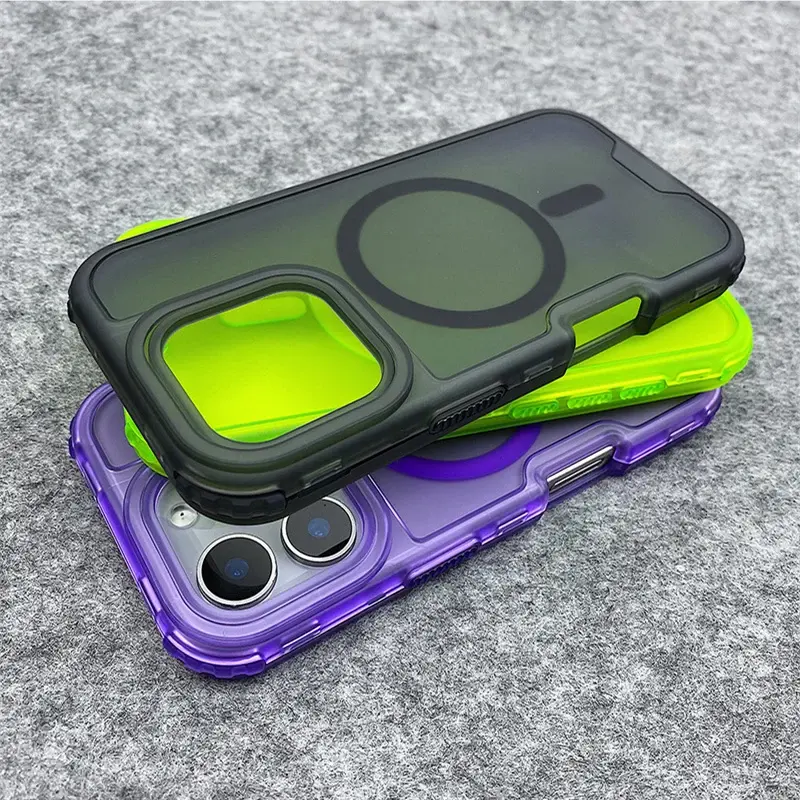 Fin Neon Color Bumper Shockproof MagSafe Phone Case For iPhone 16 16pro max 14 15 Pro 13 11 12 Wireless Charging Frosted Armor Cover