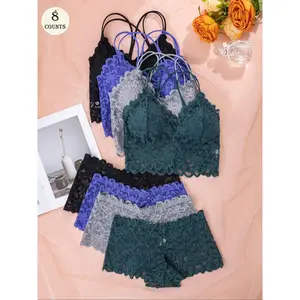 Landa  Women's Contrast Lace Backless Wireless Bra & Panty Underwear Set, Sexy Comfy Breathable Pink Lingerie Set for Daily Wear, Underwear Set for Women