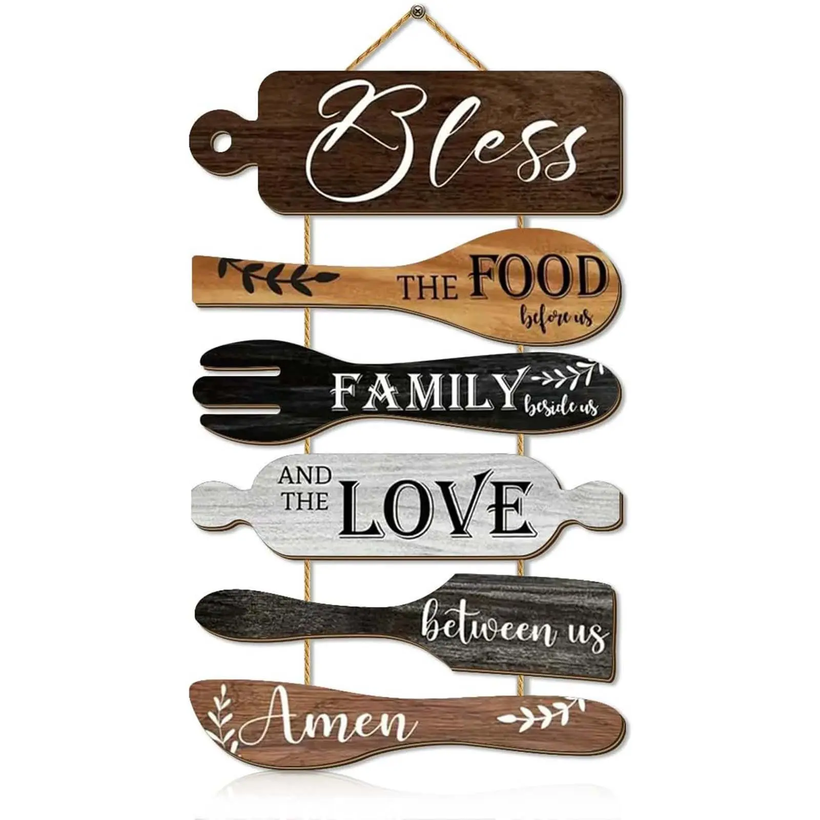 Hanging 6-Piece Farmhouse Kitchen Wall Decor Set - Rustic Wooden Roped Ornaments, 13x21 in Vertical Sign with Vivid Colors for Dining Room Collage, Decorations Set, Interior Wall Decor