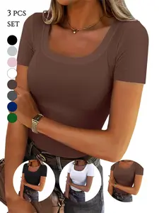 2026 Women Short Sleeve Square neckline Rib Knit Shirt Top, Slim Fit Basic Tee, Summer Casual T-Shirt, Trendy Soft Clothing for All Seasons, Womenswear