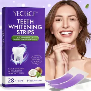 YECUCE Purple Teeth Whitening Strips contain natural coconut oil and peppermint. Advanced color correction improves yellowing teeth, breaks down stains, and eliminates tooth sensitivity. 14 strips/box Teeth Brightening Strips