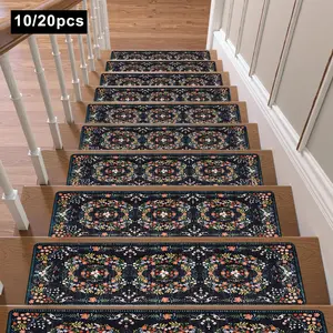 non-slip stair mats, stair tread mat set of 10/20 pcs, vintage floral pattern, indoor reusable stair mats 8''X30'' suitable for wooden steps, machine washable, safe, non-slip stair decorative mats, easy to store and clean, suitable for indoor use