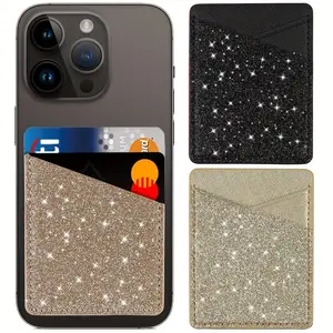 Synthetic Faux Leather Phone Wallet, Slim Card Holder Attached to The Back of The Phone, Sparkling Card Pouch for Mobile Devices, Ideal for Credit Cards, Business Cards, Identification, And Keys, Compatible with Most Phone Models.