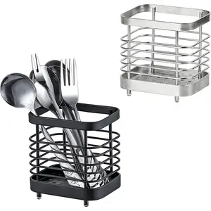 2 PCS Stainless Steel Utensil Holder Drying Rack Kitchen Counter Cutlery Silverware Drainer Caddy Organizer for Forks Knives Spoons Chopsticks Black Silver