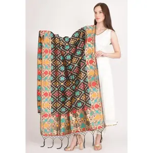 Black Jacquard Dupatta With Tassels
