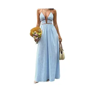 New Summer 2026 Deep V-Neck Striped Vacation Dress with Backless Sleeveless Hanging Neck Long Skirt for Formal Womenswear