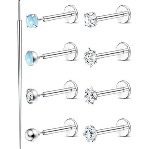 ZELORES 9Pcs 18G/16G Threadless Flat Back Stud Earrings for Women Hypoallergenic Surgical Steel Tiny Cartilage Tragus Helix Piercing Jewelry Push in CZ Opal Nose Stud Rings