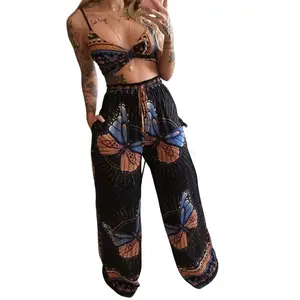 Sexy Butterfly Print Two-piece Set, Backless Crop Halter Top & Wide Leg Pants Outfits, Women's Clothing Fabric Womenswear Suits Black Polyester Spandex Sleeveless Spaghetti Strap Collar, Two Piece Set Women