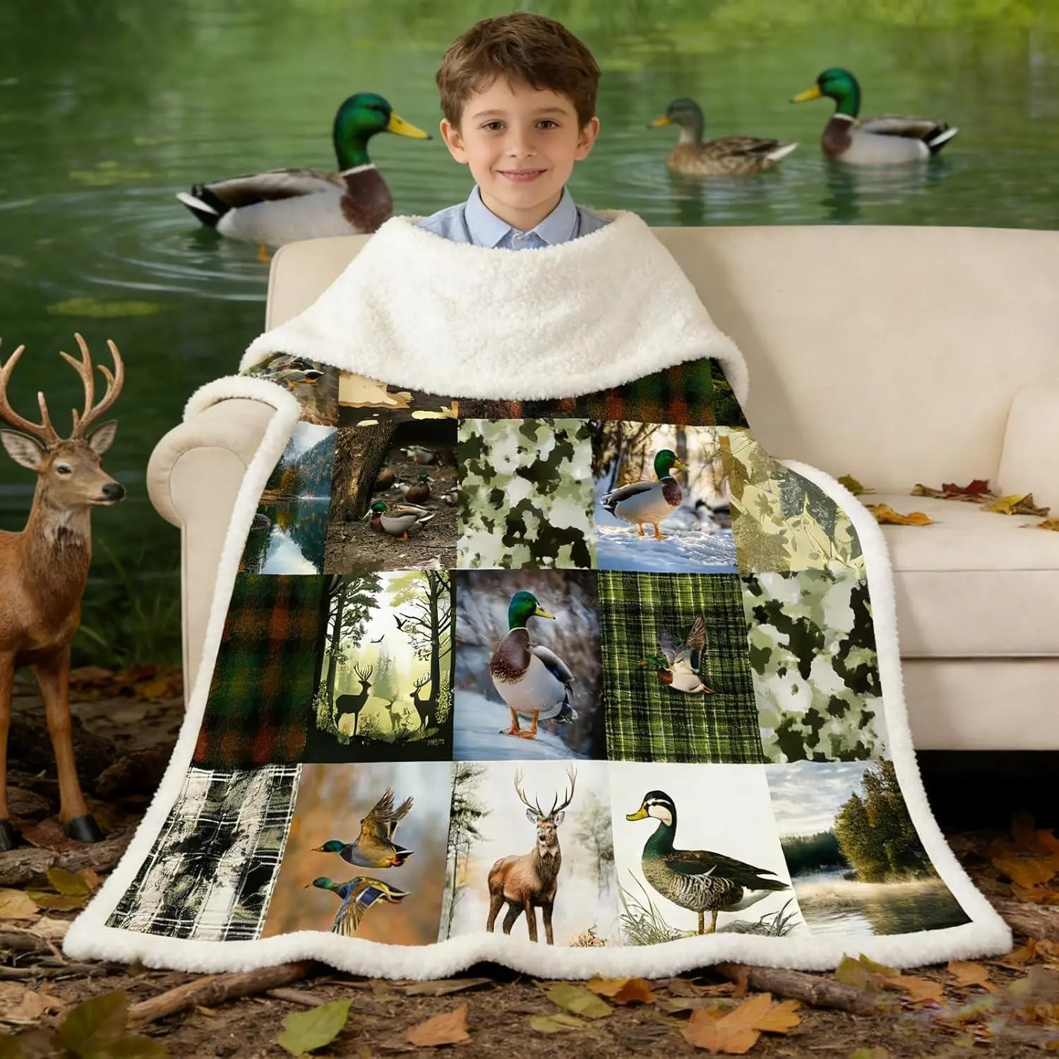 Cabin Rustic Fleece Blanket Deer Mallard Duck Sherpa Blanket | Mens Camo Hunting Woodland Animals Farmhouse Fuzzy Plush Throw,Country Decor