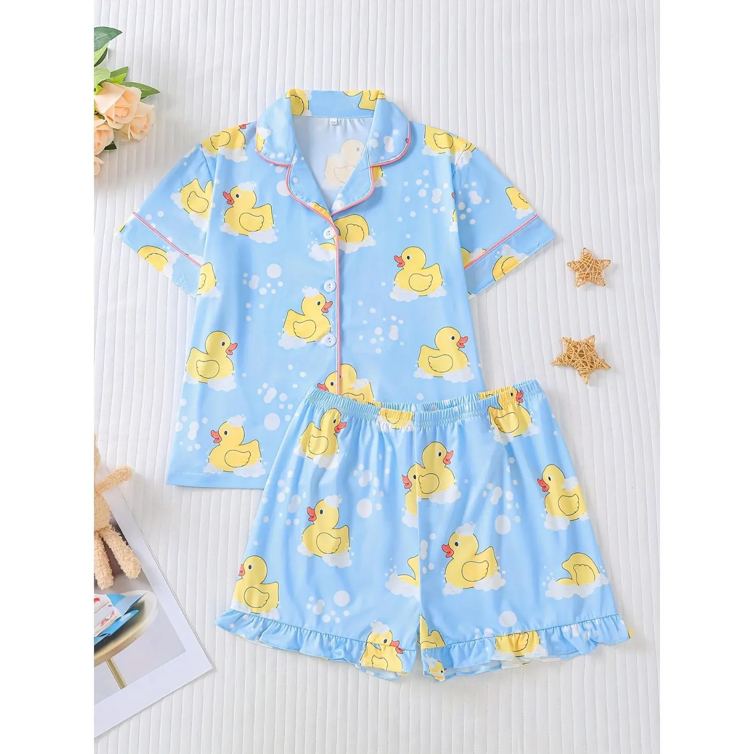 Girls' Summer Pajama Set - Short-Sleeve Cardigan Style, Flame-Retardant, Blue with Cute Yellow Duck Cartoon, Comfortable Sleepwear for Medium and Large Kids
