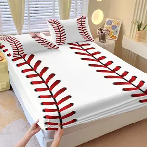 Minimalist Baseball Stitched Fitted Sheet Set, 1 Fitted Sheet & 2 Pillowcases Without Core, Pure White with Symmetrical Red Stitches Design, Minimalist High-End Bedroom Decor, Gift for Baseball Fans