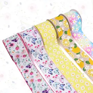 Floral Wired Edge Ribbon Roll, 10 Yard Width 6.3 Cm, Summer Decorative Ribbon with Butterfly Appliques for Wreaths Crafts Gift Wrapping