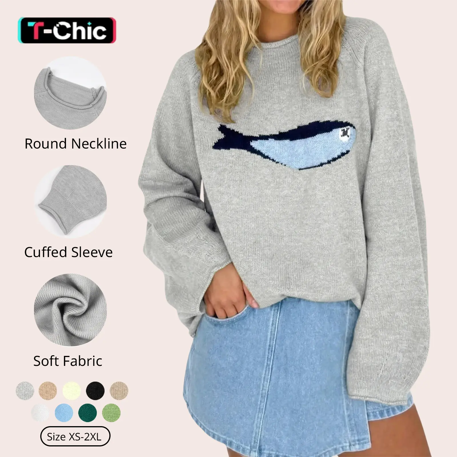 TANKANEO Women's 90s Oversized Fish Print Soft Lightweight Knitwear Top - Casual Baggy Long Sleeve Roll Neck Chunky Pullover for Thanksgiving, Valentines Day