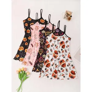 4-Piece Halloween Sexy Nightgown Set, Women's Lace-Up Backless Sleepwear, Breathable Spooky Pattern, Comfortable & Stylish, Perfect for Halloween Parties