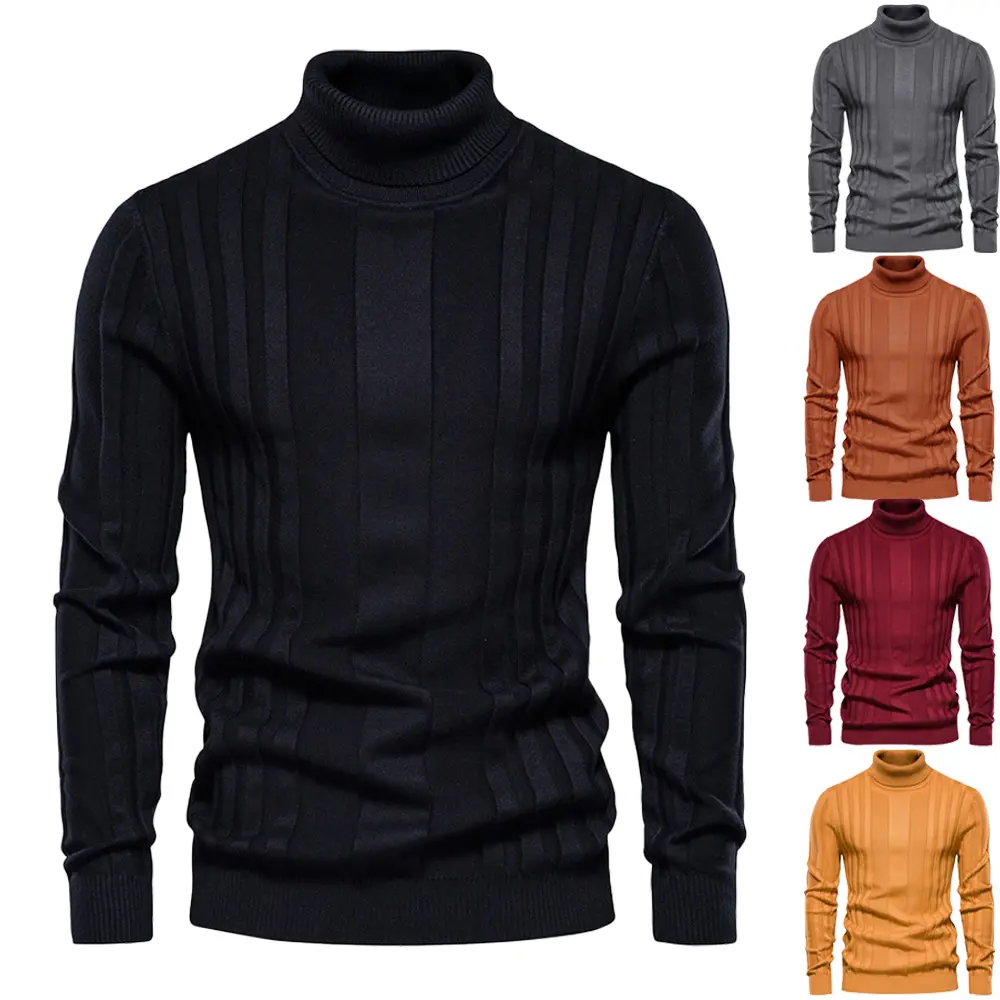 Men’s Ribbed Jacquard Knit Turtleneck Sweater, Slim Fit Vertical Rib Texture Pullover Base Layer for Fall Winter Office Commute, Work & Daily Wear