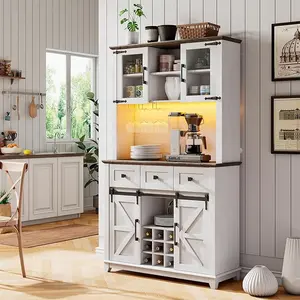 AMERLIFE Bar Cabinet w/Sliding Barn Door & LED Lights, 72" Coffee Bar Buffet Sideboard with Drawers & Wine Bottle Rack, Farmhouse Storage Cabinet