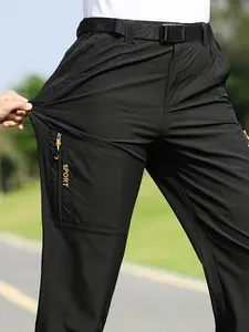 Men's Mountaineering Pants Outdoor Casual Sports Trousers with Letter Print Design - Zippered Pockets, Embroidery Details - Versatile Pants for Everyday Wear, Workouts, Jogging, Camping & Hiking Training