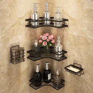 Caddy Shower Storage 5-Piece Set Self-Adhesive Stainless Steel Shelf No Drilling Required Rust-Resistant Bathroom Decor Accessories Pink Shampoo Body Wash Basket Large Capacity Hollow Round Design