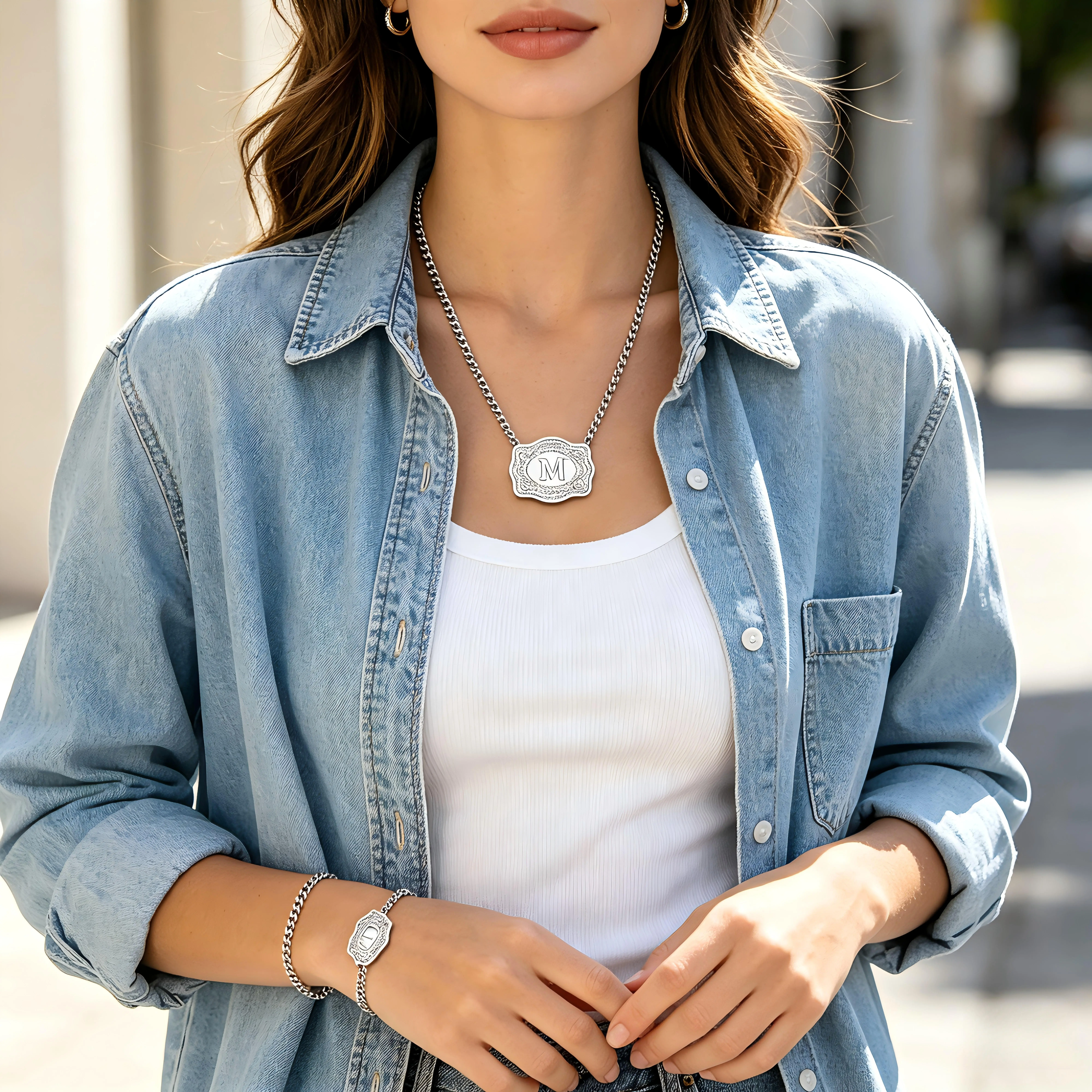 Unisex Alphabet Letters Embossed Copper Metal Belt Buckle Pendant Necklace - Retro Chain & Link Costume  for Casual Wear, Long Neckline, Dating Gifting trendy jewelry durable fashion accessory