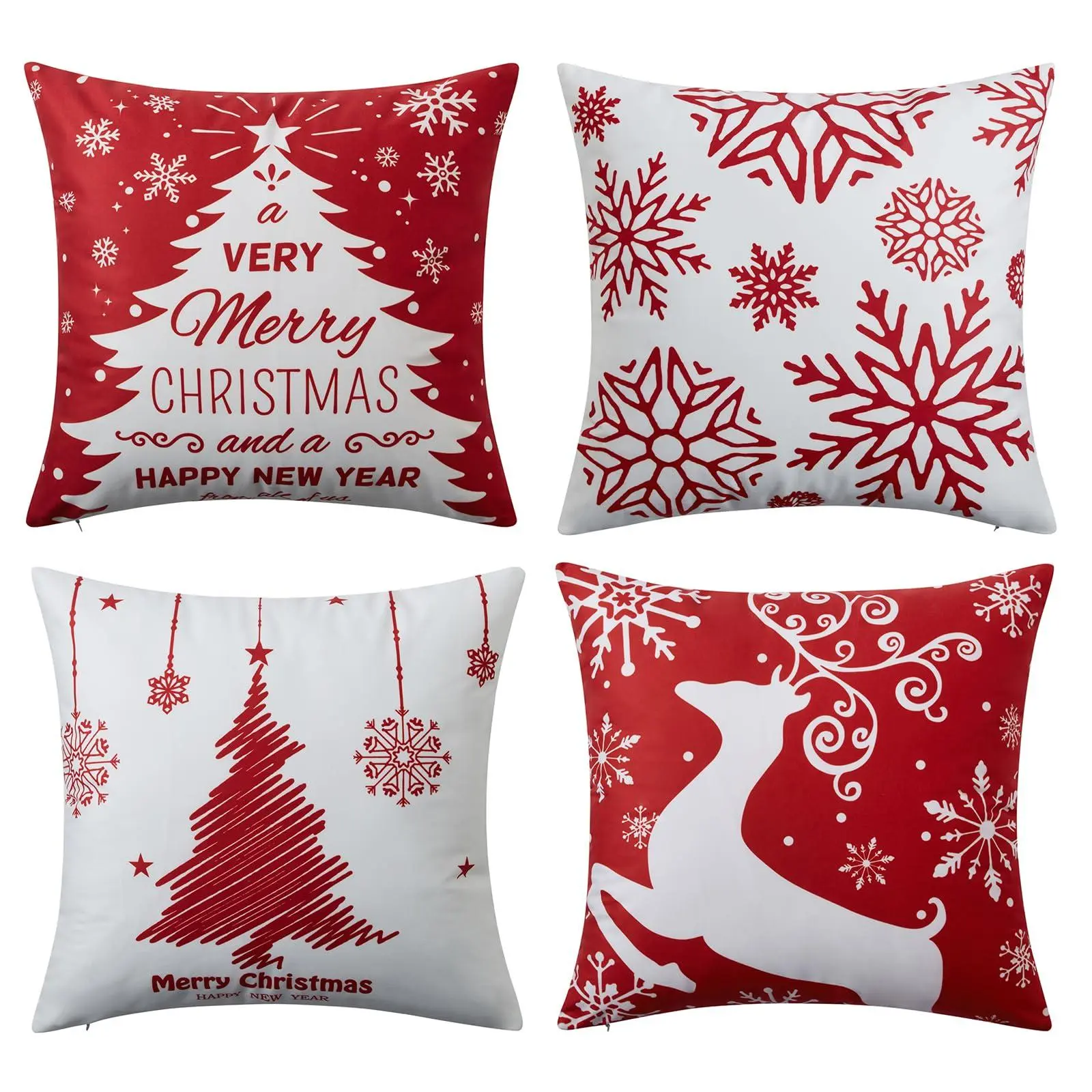 Christmas Pillow Covers 20" x 20", Set of 4 Velvet Christmas Pillow Cases – “Merry Christmas” Holiday Pillowcases with Xmas Trees, Snowflakes, Elk & Deer – Decorative for Home, Sofa/Couch Decor, Red
