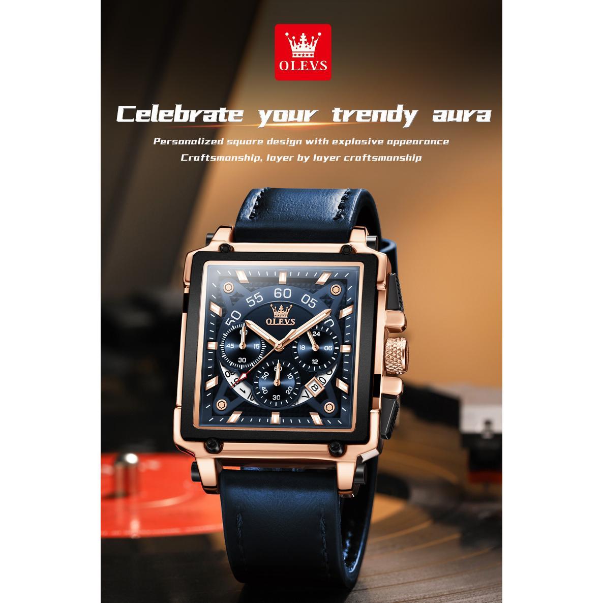 OLEVS 9919 Chronograph Multifunctional Quartz Men's Watch Leather strap 45MM Square Big Dial Leisure Sports TOP Brand Male Watch